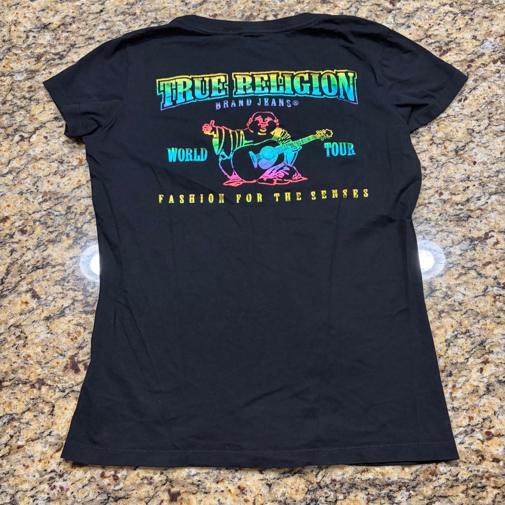 True Religion Womens Black Rainbow Buddha World Tour V-Neck Graphic T-Shirt M ws